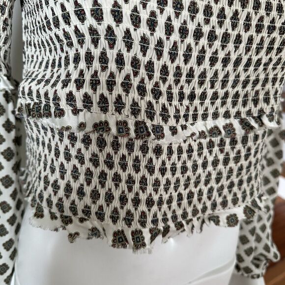 Silk Cinq a Sept Pascal Mini Medallion Blouse Small Smocked Off Cold Shoulder - Picture 8 of 13